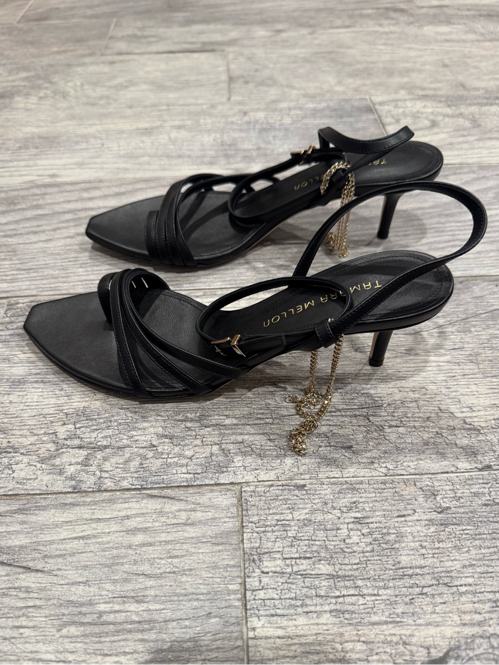 New in Box Tamara Mellon black bind 55 chain strappy sandal heels